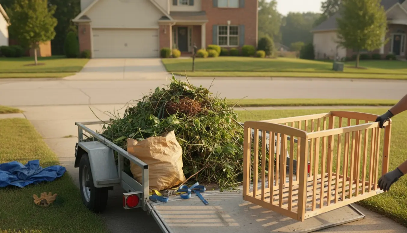Trailer ved fortov med en bunke haveaffald og en adskilt barneseng klar til afhentning.