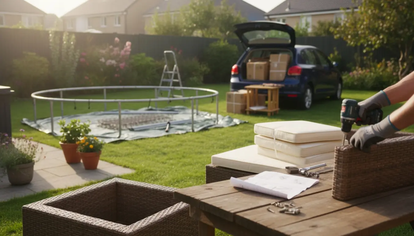 Hænder samler havemøbler og en trampolin i en baghave med værktøj og en åben bil klar til genbrugsstationen.