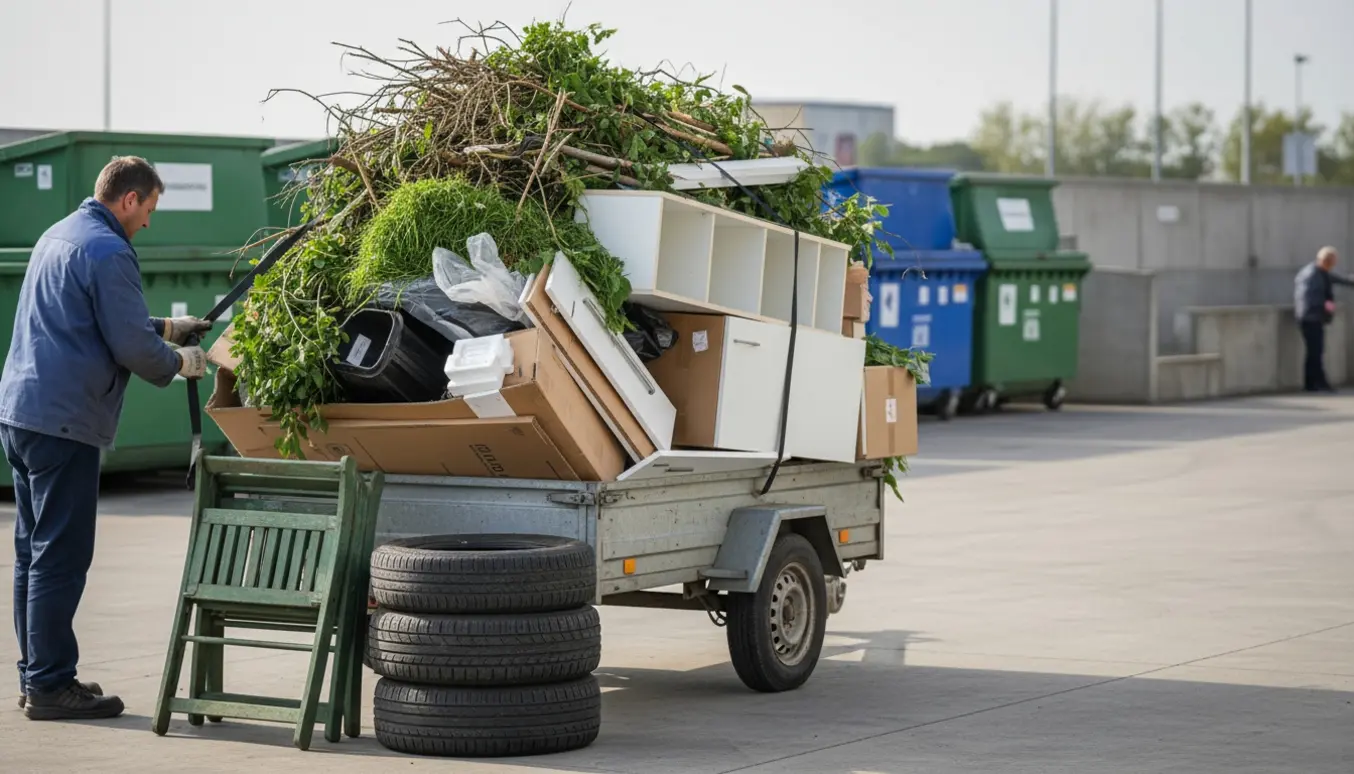 Fyldt trailer med haveaffald og indpakkede køkkenelementer ved genbrugspladsen, tre dæk og en havebænk ved siden af.