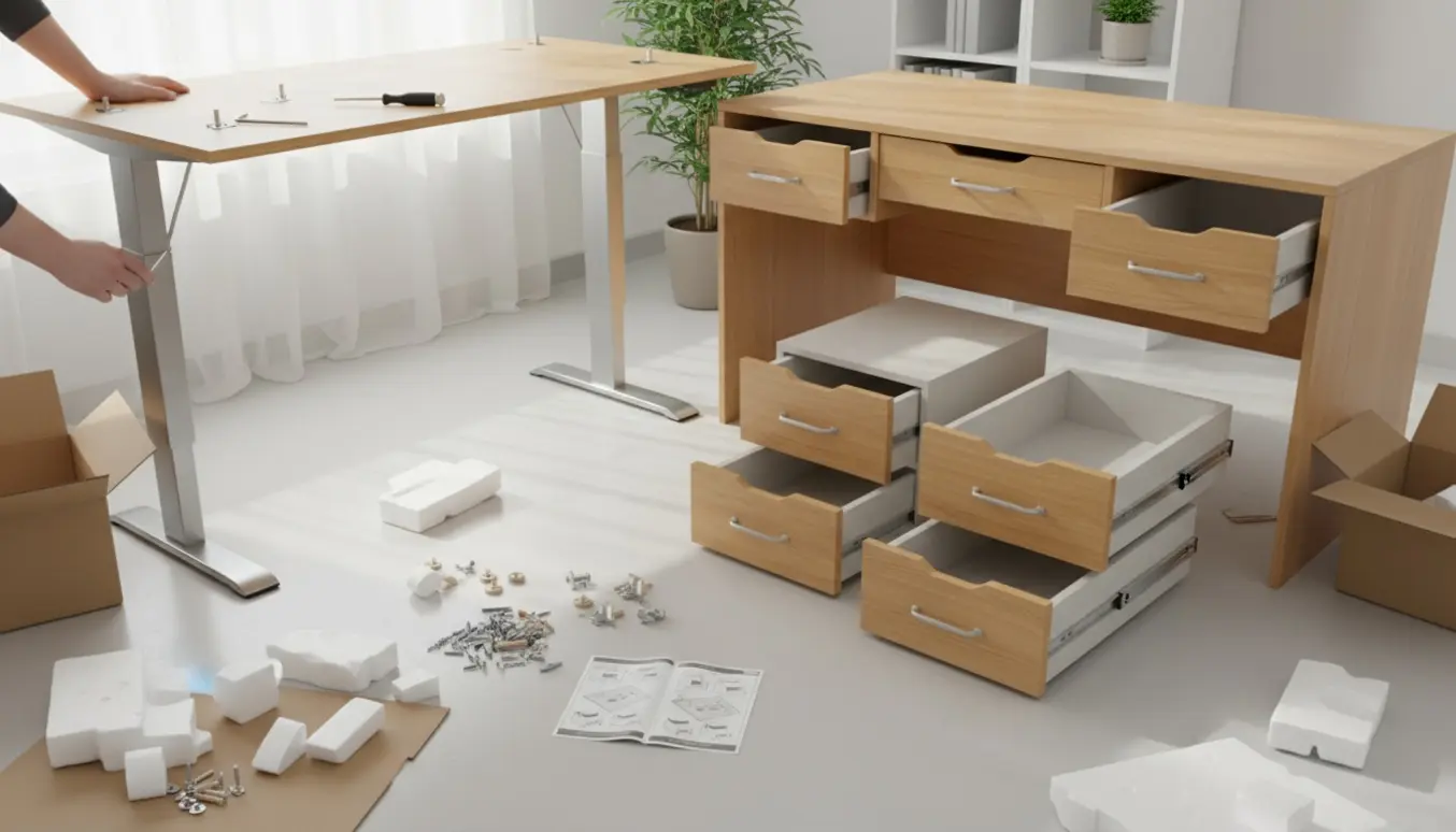 Delvist samlede kontorborde og tre små skuffeenheder på et lyst hjemmekontor, omgivet af værktøj og løse dele.