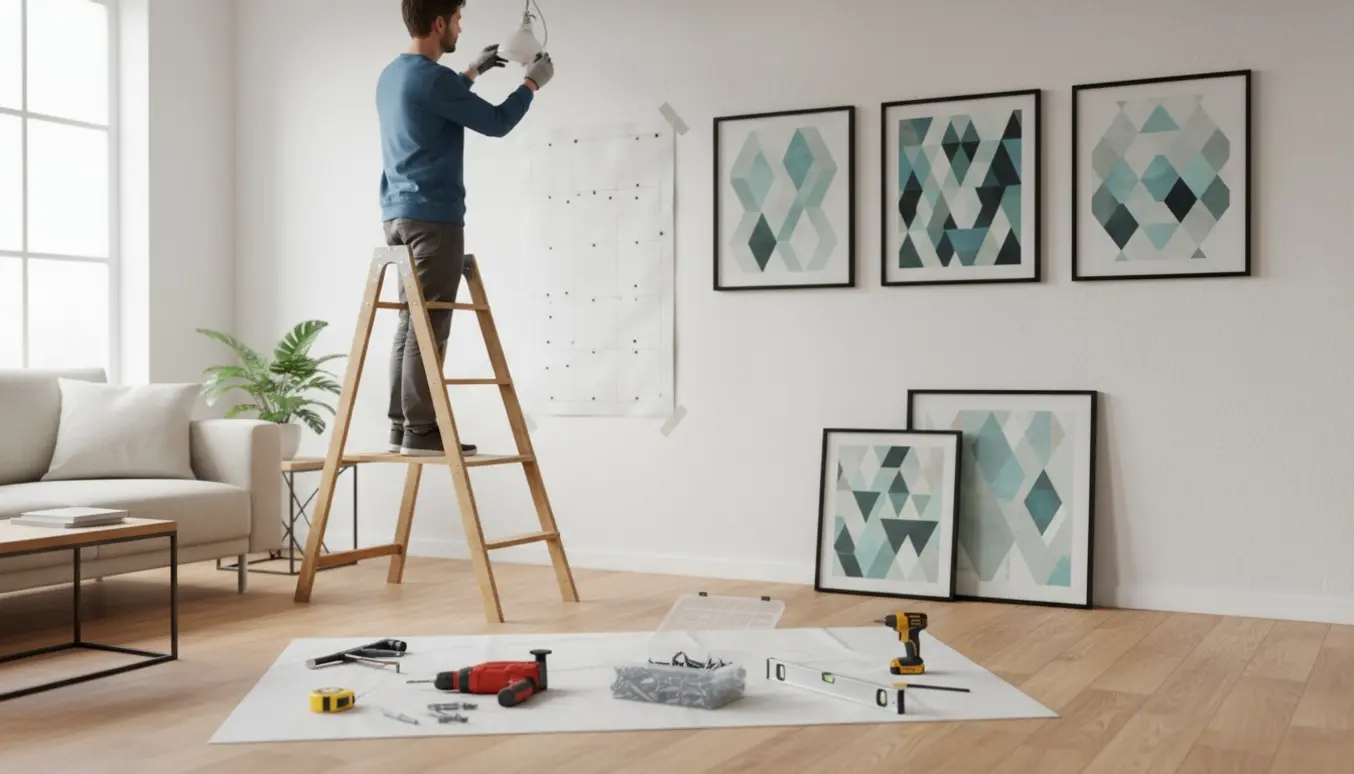 En håndværker hænger billeder op og flytter en loftslampe i en lys, hyggelig stue.