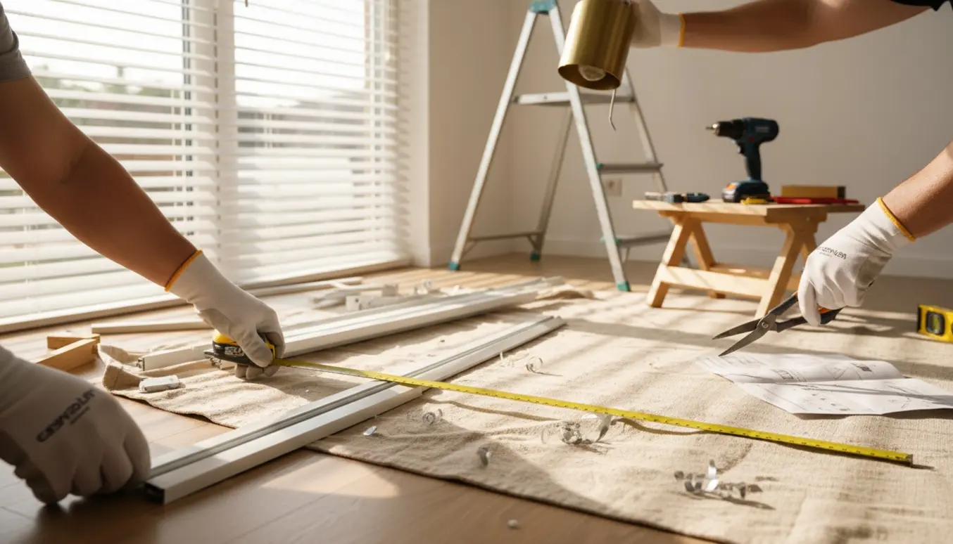 Hænder måler og klipper persienner, mens en stige og værktøj bruges til at hænge tre lamper op i et lyst rum.