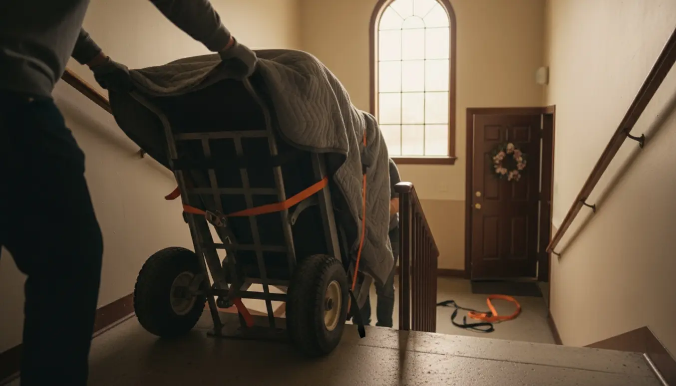 To personer flytter et løbebånd op ad en trappe med en sækkevogn og stropper.