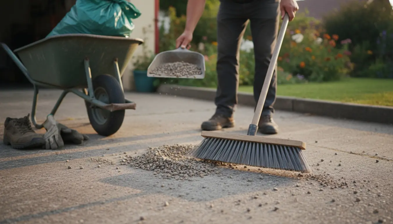 Nærbillede af hænder, der fejer små sten op fra en indkørsel og samler dem i en trillebør i blødt eftermiddagslys.