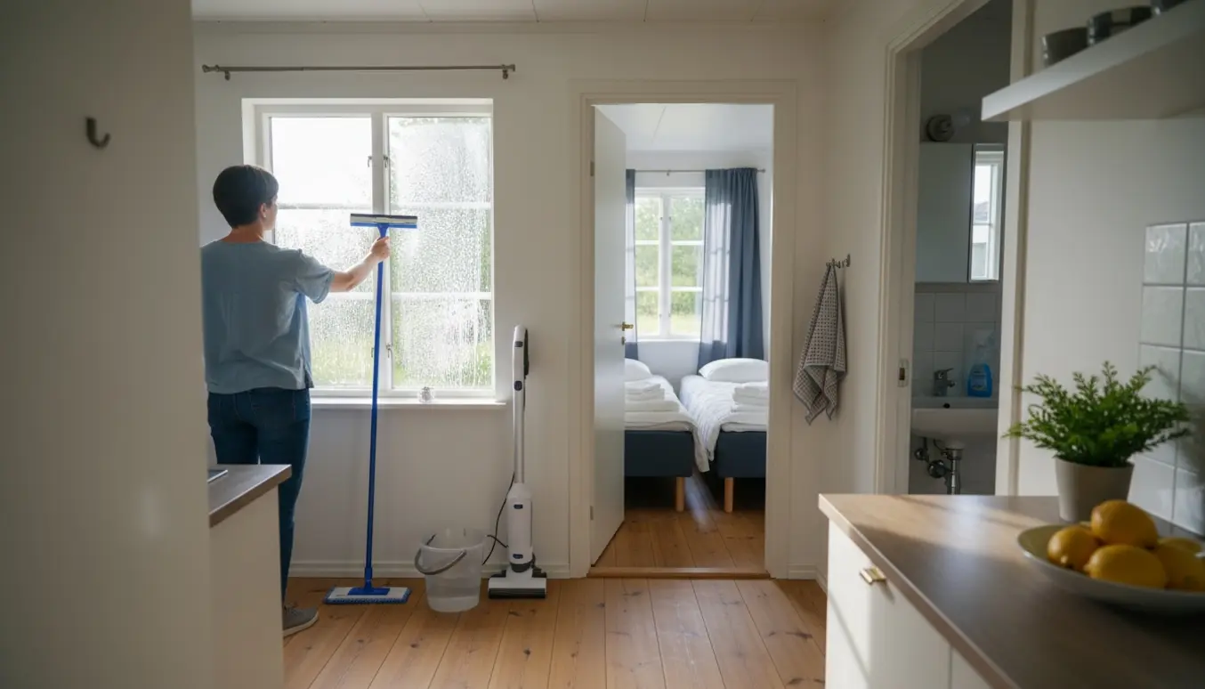 Overskueligt sommerhusinteriør med nyvaskede vinduer, rene overflader og en åben anneksdør.