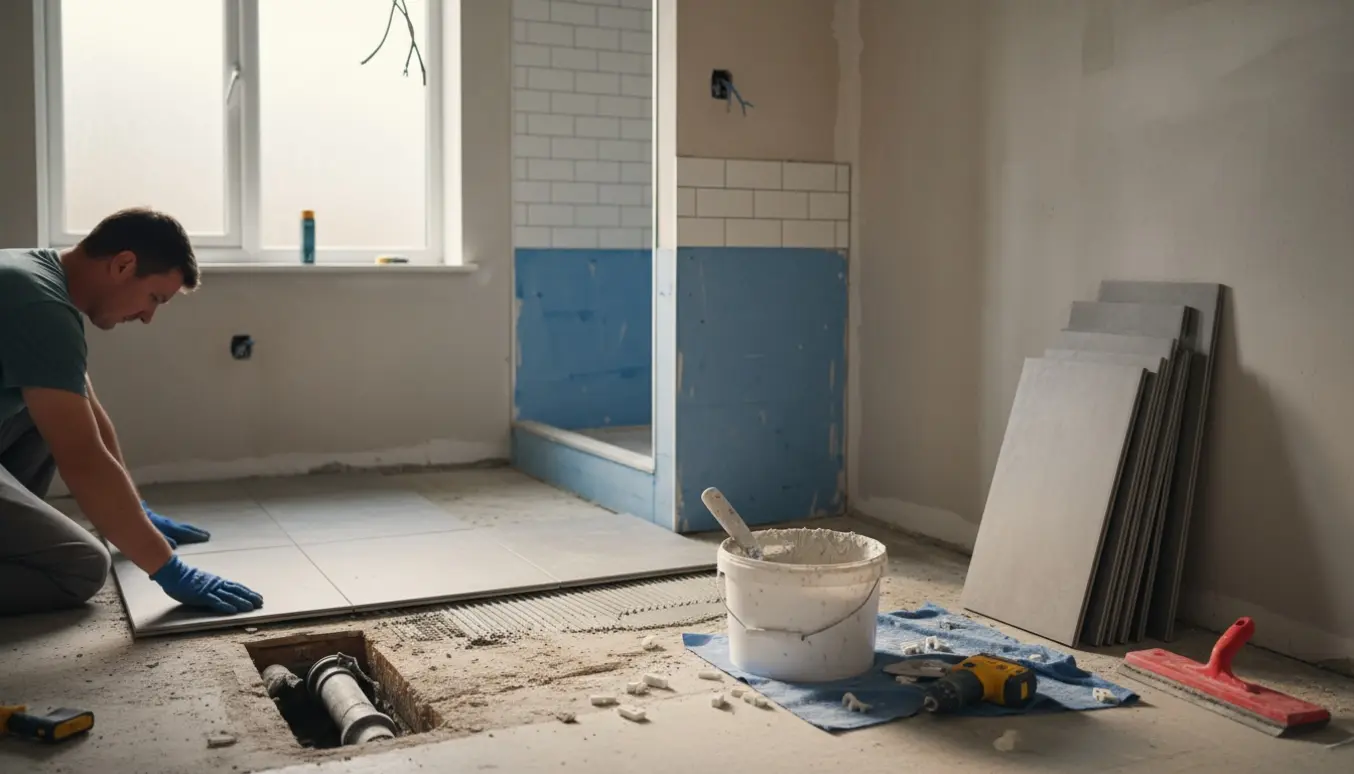 Ufærdigt badeværelse under renovering med åbent gulv, nye fliser og håndværkerhænder, der lægger fliser.