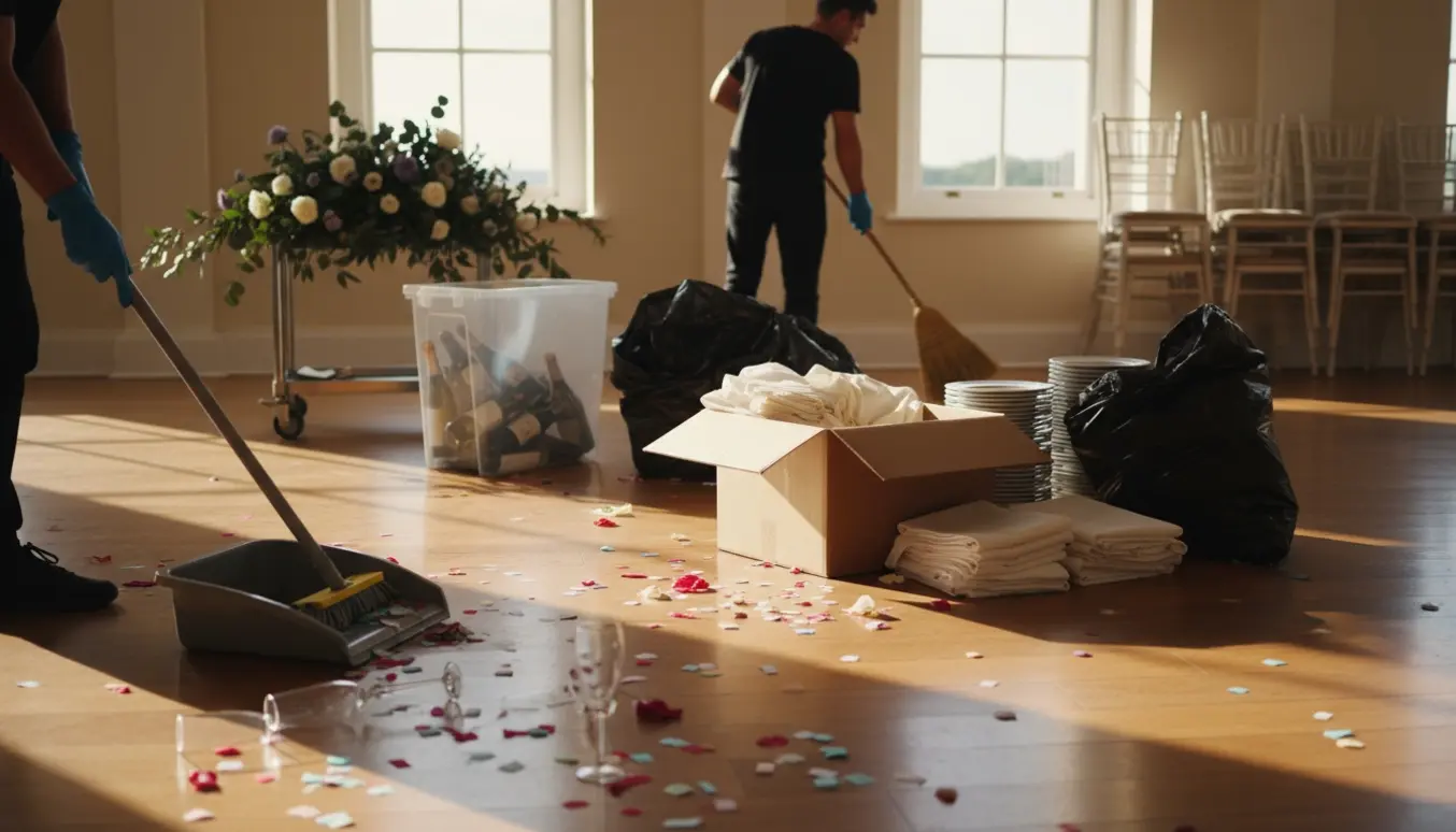 Personer rydder op i et lyst festlokale efter bryllup med moppe, kost, affaldssække og sammenlagte duge.