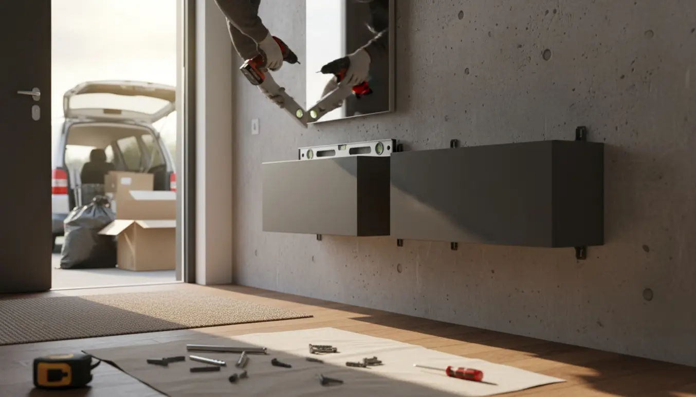 Håndværker monterer et spejl og to skoskabe på en rå betonvæg i en entré, med værktøj og affald ved døren.