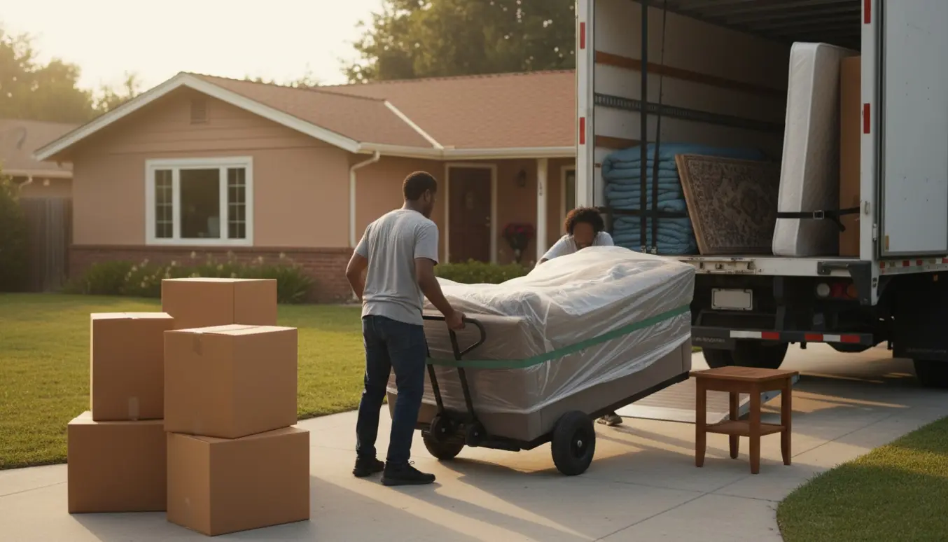 Møbler og stabelkasser læsses op på en flyttebil foran et parcelhus.