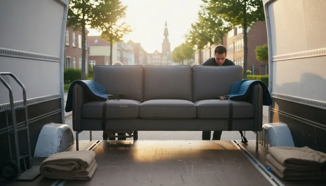 Flyttefolk læsser en moderne sofa ind i en flyttevogn på en forstadsgade med et glimt af Københavns skyline i baggrunden.