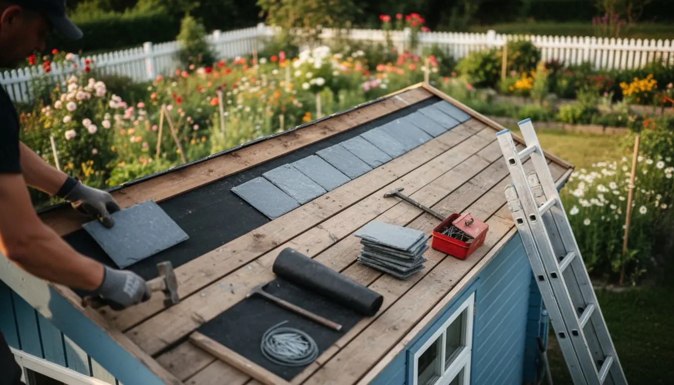 Renovering af kolonihavehusets tag med skiferplader, værktøj og stige i en have.