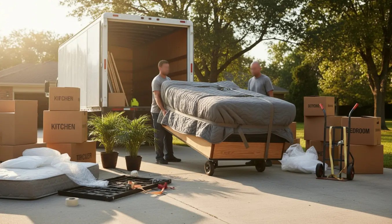 Flyttefolk løfter en elevationsseng pakket i flyttetæpper med papkasser og potteplanter ved en åben flyttebil.