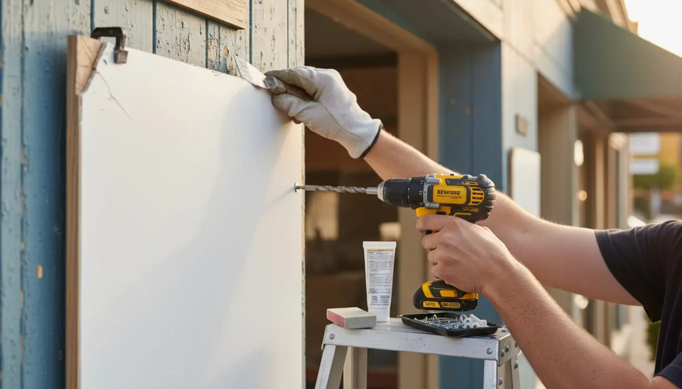Arbejderhænders reder et tomt menuskilt fast på en udendørs væg, mens en knækket kant repareres.