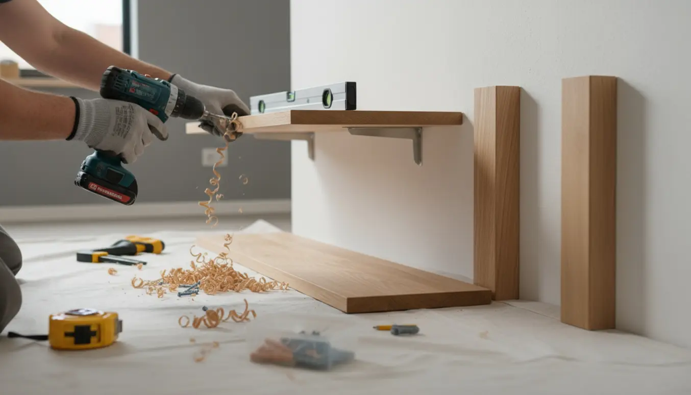 Nærbillede af hænder, der monterer to hylder og skruer to træklodser fast til at bære en bordplade.