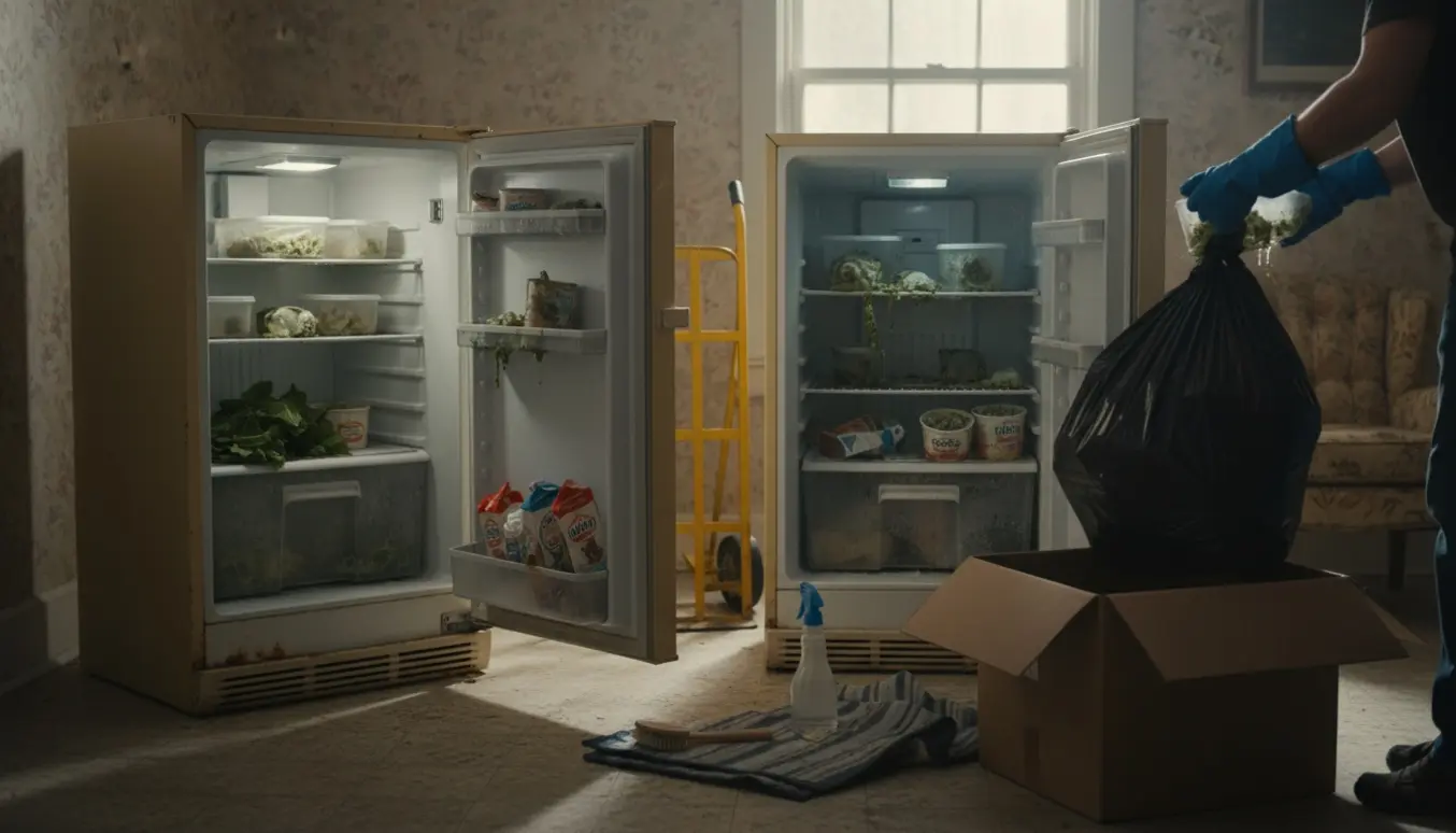 To gamle køleskabe åbne i et arvet hus, hvor handskerklædte hænder fjerner beskidte fødevarer.