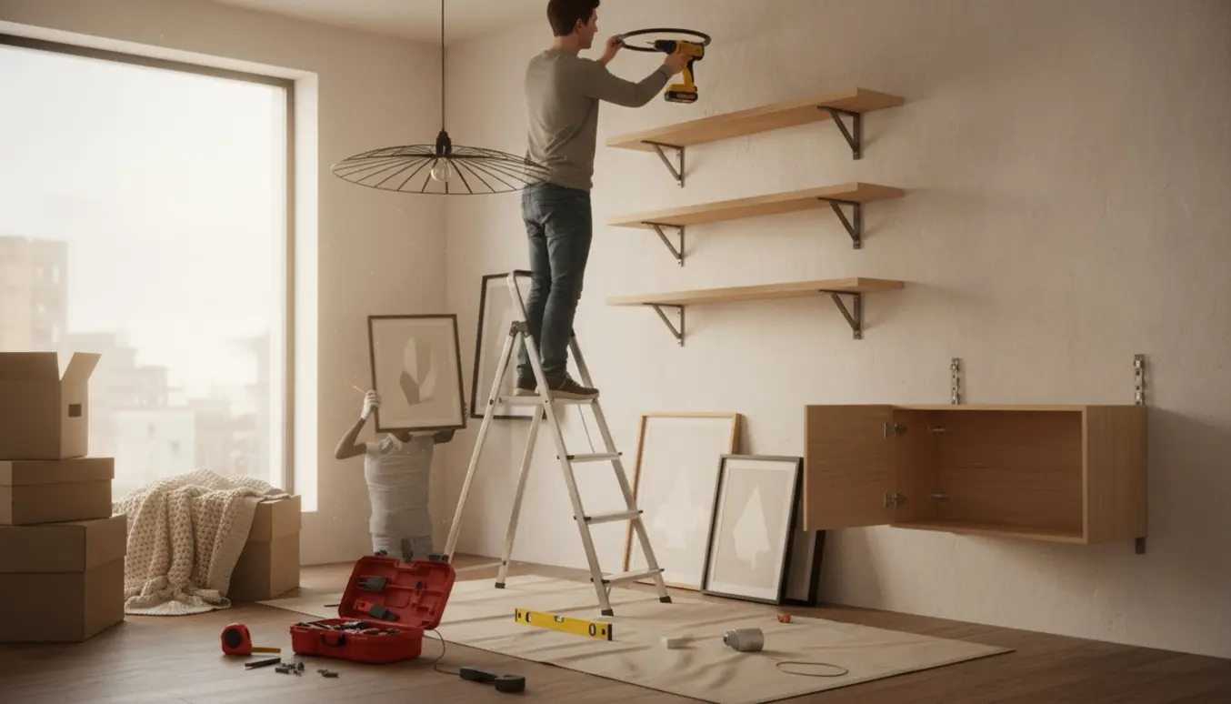 Nyindflyttet person hænger lamper, reoler, billeder og et skab op i en lys stue med værktøj i forgrunden.