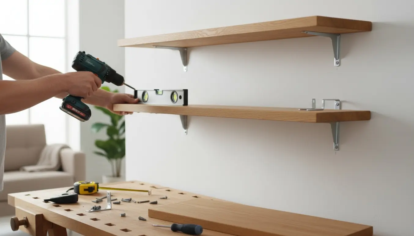 Nærbillede af hænder, der monterer fire flydende træhylder på en hvid væg med værktøj i forgrunden.