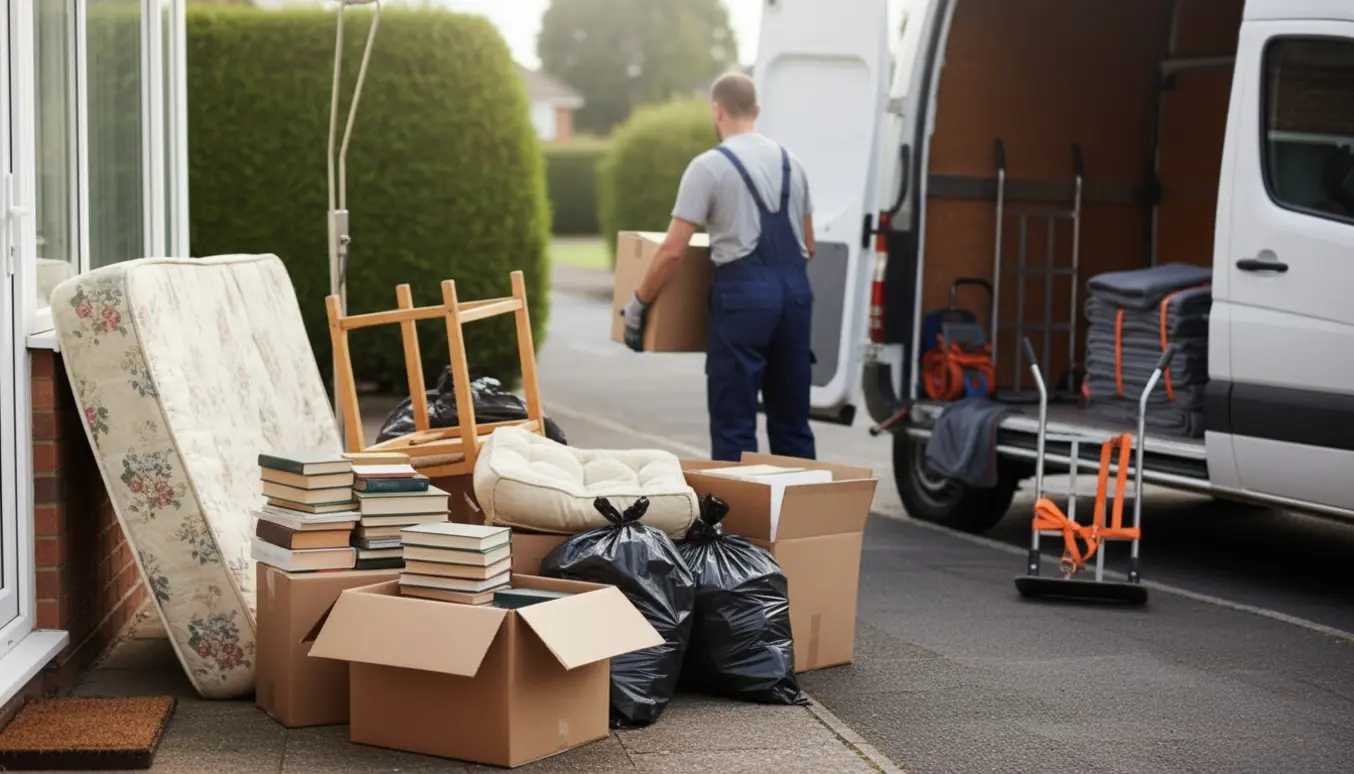 Affald og storskrald med kasser, poser og en håndtruck ved fortovet klar til afhentning.
