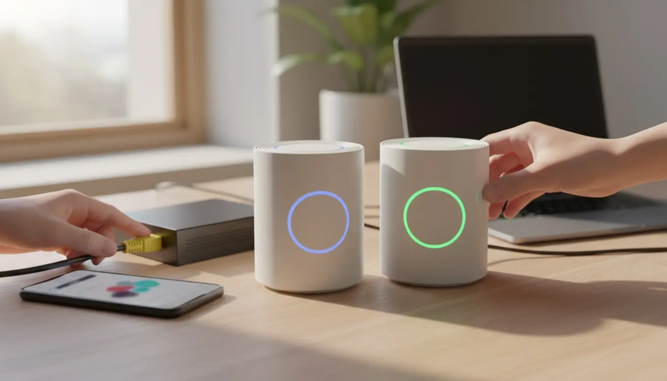 Hænder parrer en ASUS ZenMesh-router og node på et ryddeligt skrivebord med modem, kabel og smartphone.
