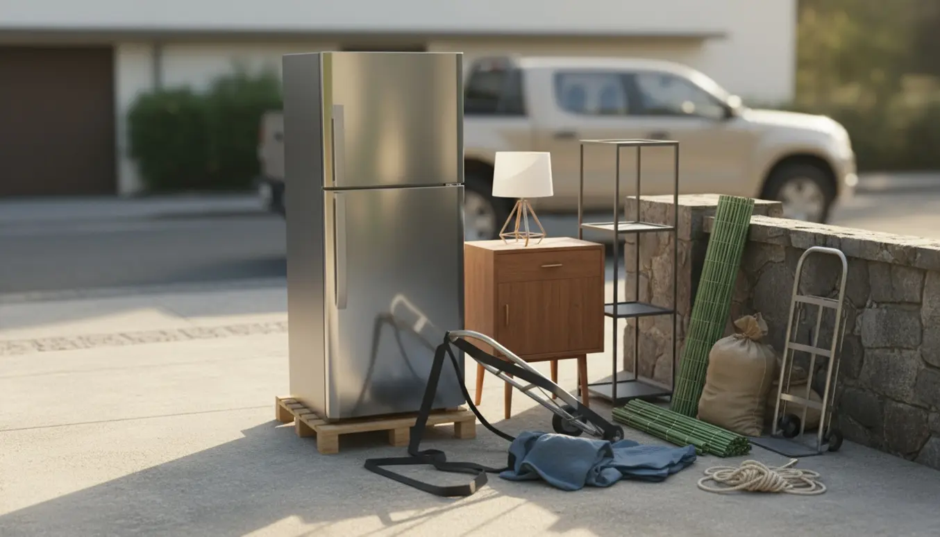 Køleskab, anretterbord, lampe, reol og bambus-hegn samlet på en indkørsel klar til bortskaffelse.