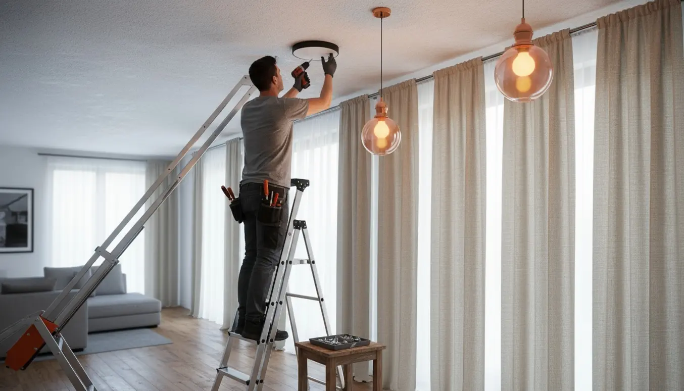 Håndværker på stige monterer en loftslampe i en lys stue med tre lamper og fem gardiner.