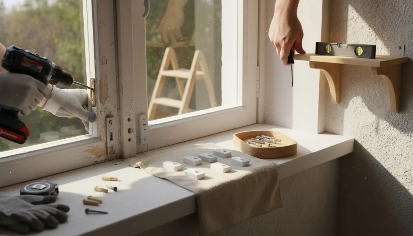Nærbillede af hænder, der skruer gamle vindueslåse af og monterer nye børnesikrede låse, mens en lille hylde sættes op.