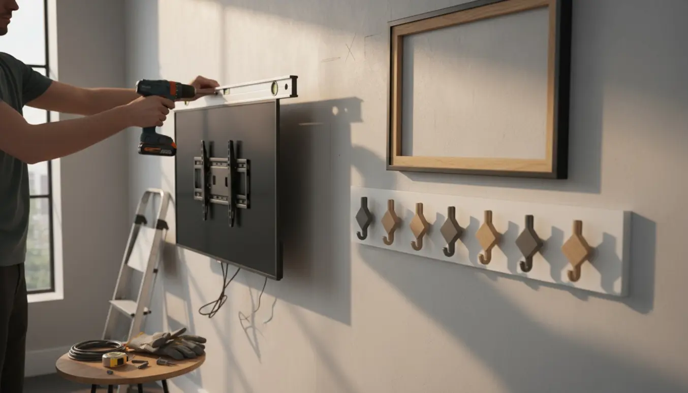 Hænder monterer et TV og fire billeder på en væg ved siden af en række nye knager, med værktøj på et bord.