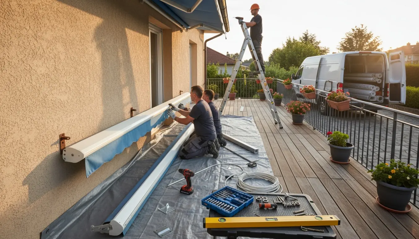 Håndværkere fjerner en gammel markise og monterer en ny motoriseret markise over en solfyldt terrasse.