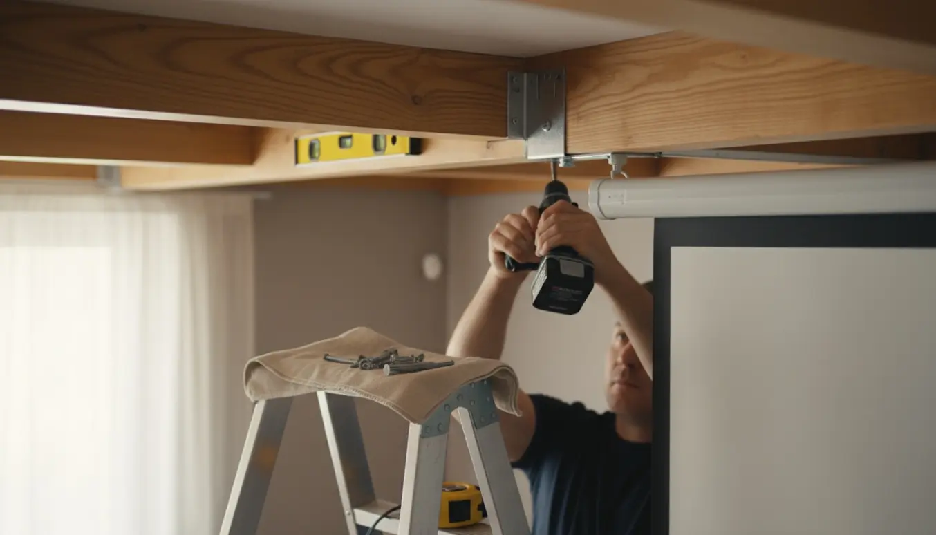 Hænder monterer et projektorlærred på et træloft med boremaskine og beslag.