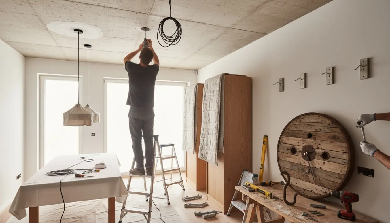 Håndværker borer i betonloft til en spisebordslampe, mens vægskabe og et stort trætromle-ur ligger klar til ophængning.