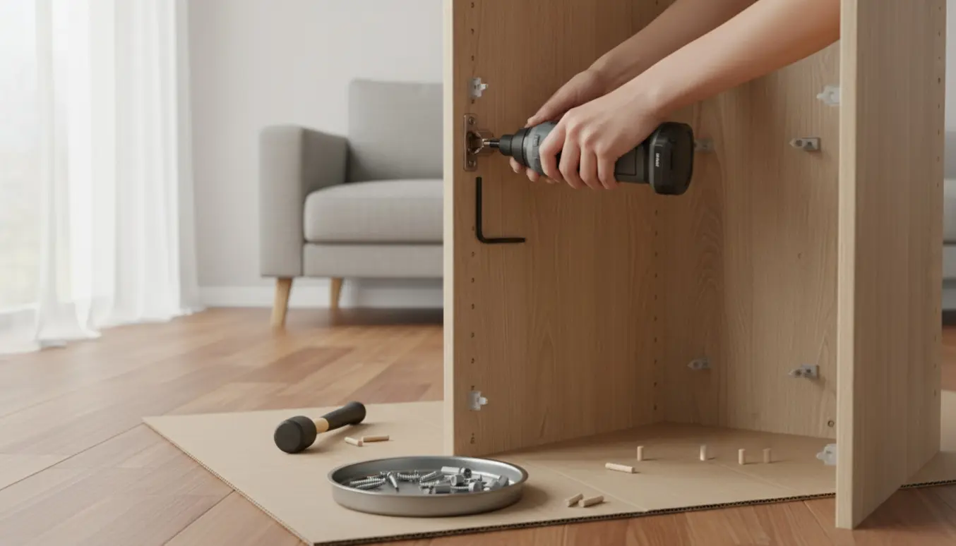 Hænder samler et smalt fladtpakket skab i en lys stue med værktøj og træpaneler på gulvet.