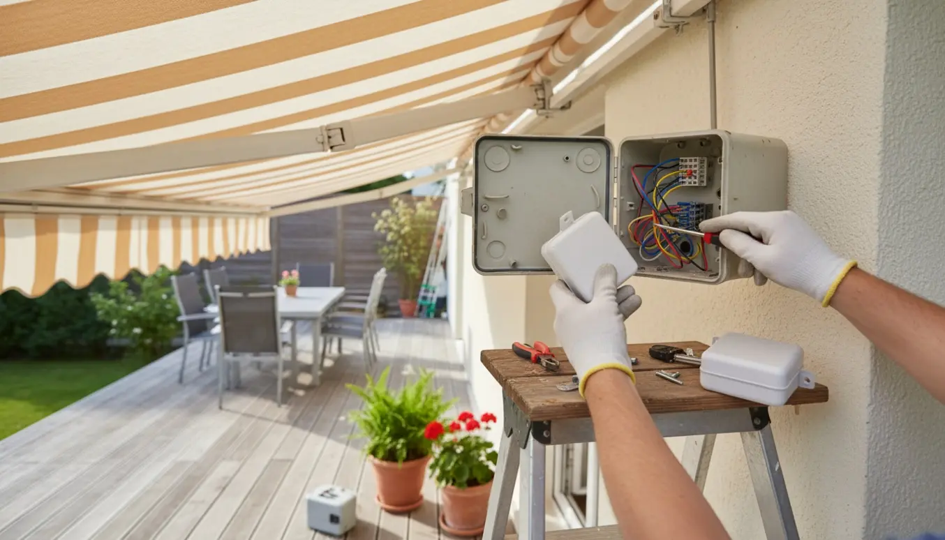 Hænder udskifter en styrboks på en markise ved en husfacade med værktøj på en stige.