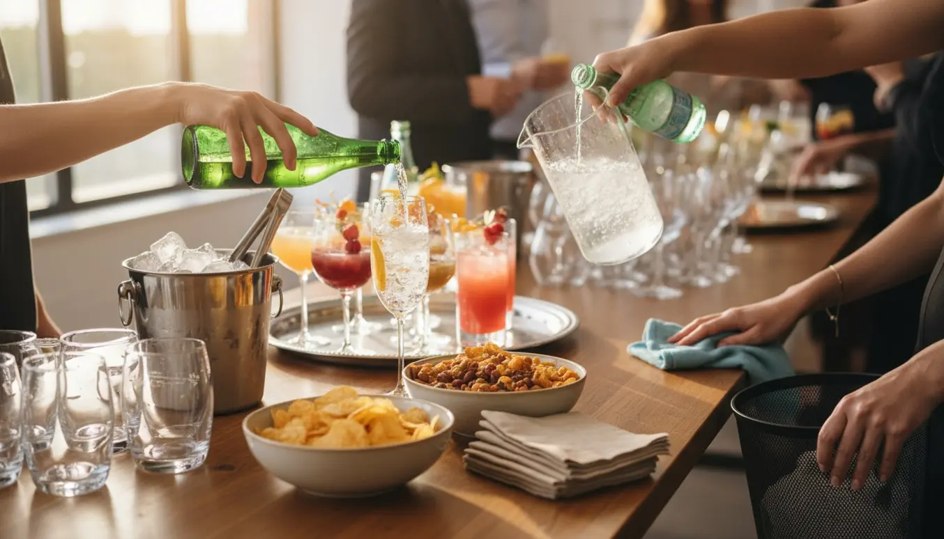 Hænder fylder drinks og arrangerer snacks på et solbelyst buffetbord til en fest.