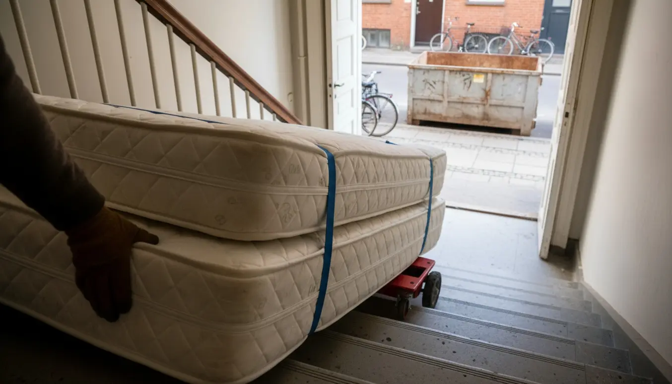 To boksmadrasser bæres ned ad trappen og læsses i en storskraldscontainer på Vesterbro.