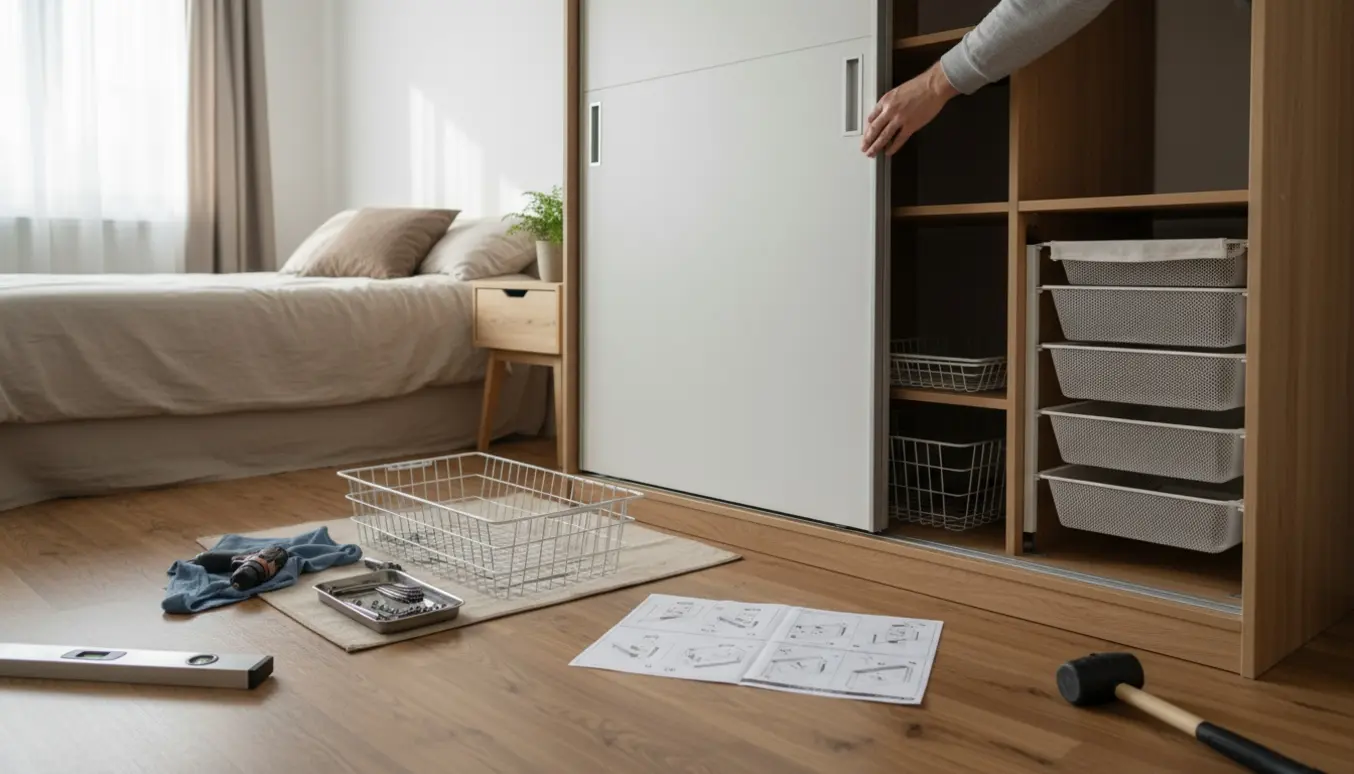 Delvist samlet skydeskab i et lyst soveværelse med værktøj og hylder klar til montering.