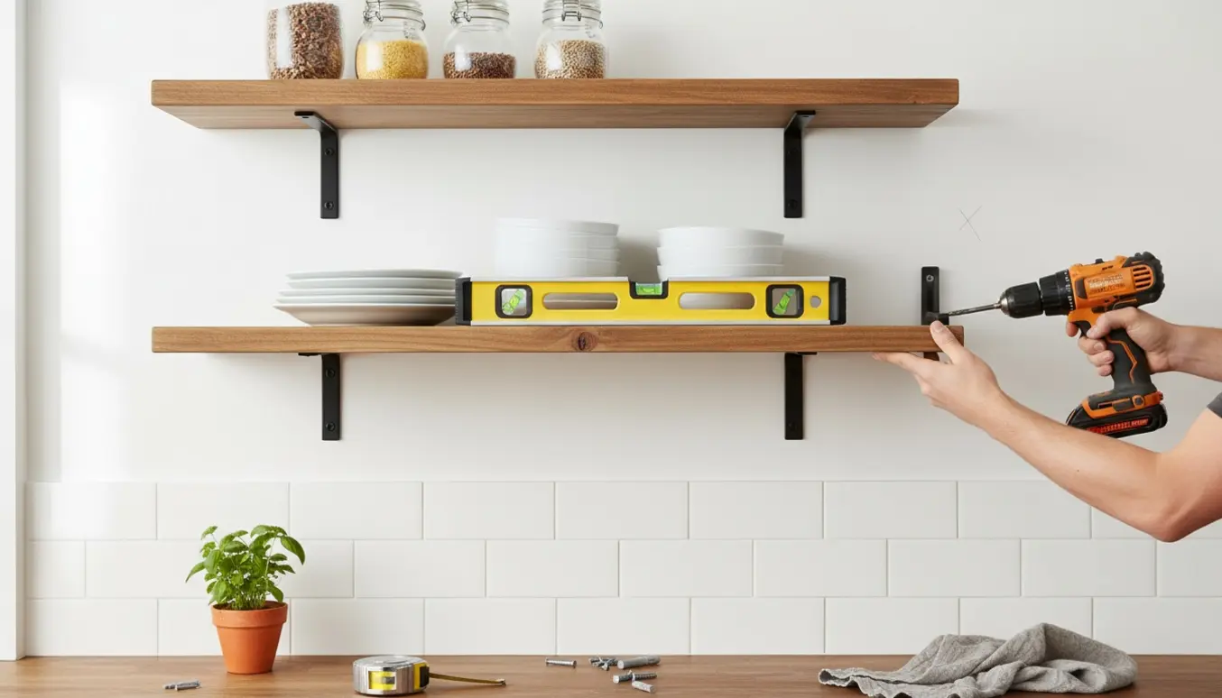 Tre køkkenhylder under montering, hænder holder en hyldeknægt og værktøj i et lyst køkken.