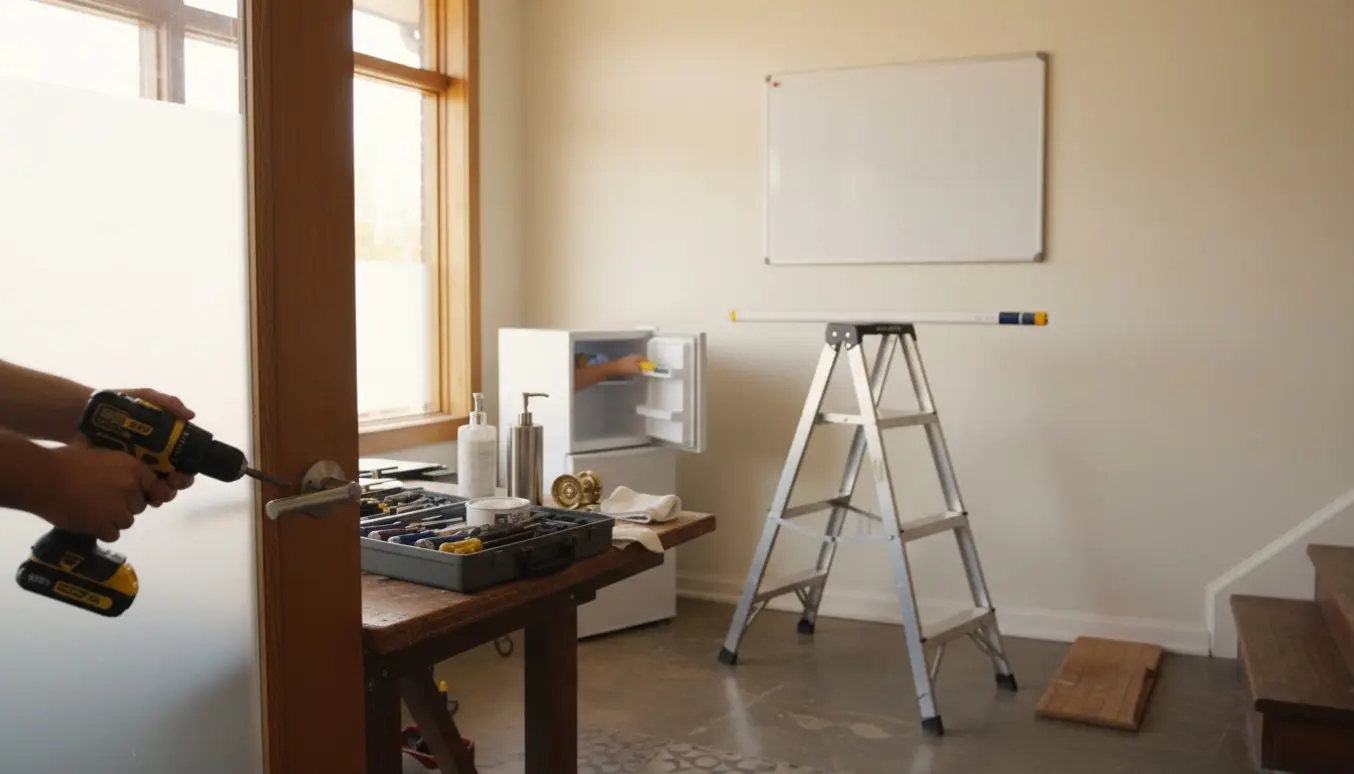 Håndværkerhænder strammer et dørhåndtag i et kontor/butikmiljø med værktøj, sæbedispensere, malerudstyr og lyskilder.