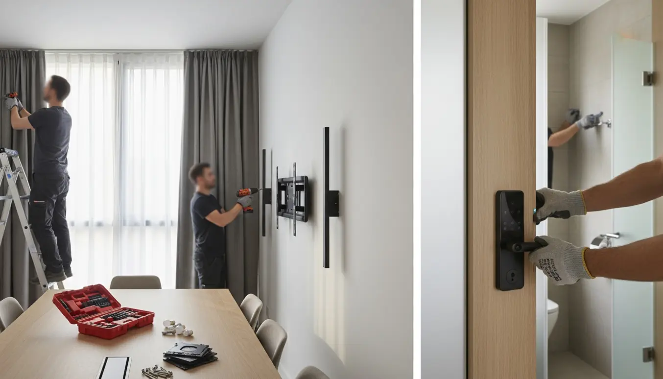 Håndværkere i et lyst kontor monterer gardiner, væghøjttalere og tv-beslag, skifter pærer og installerer en smart dørlås.