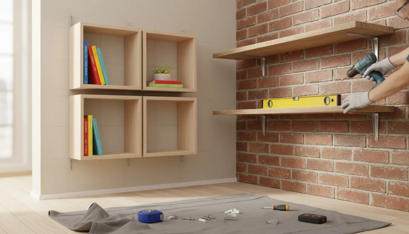 Hænder monterer fire bogkasser på gipsvæg og to hylder på murstensvæg i et lyst hjem.