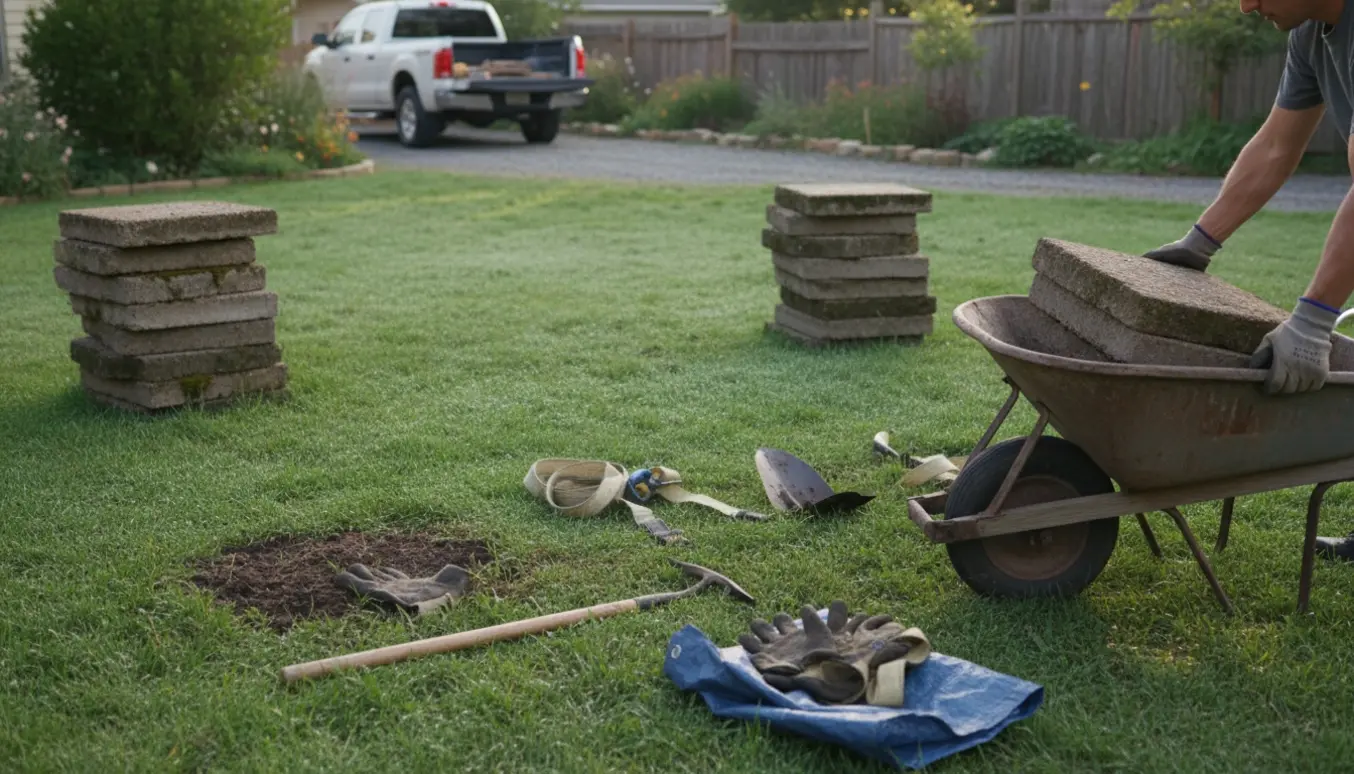 En handske‑klædt arm læsser en flise i en trillebør ved tre bunker af fliser i en baghave.