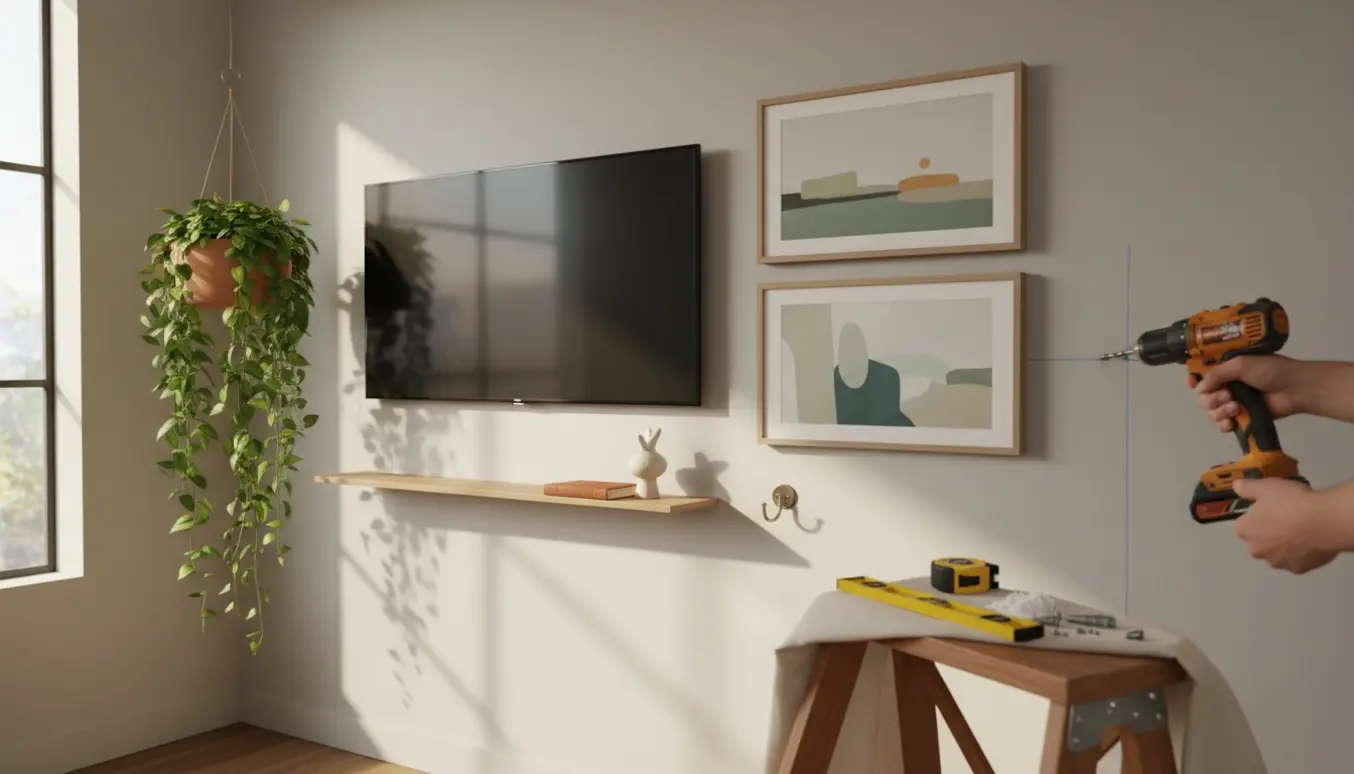 Væghængt TV med to billeder, lille hylde, knage og en hængende urtepotte i et lyst opholdsrum.