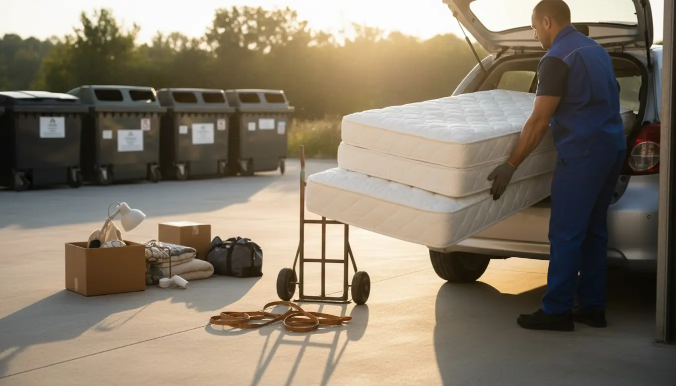 To overmadrasser lægges i bilens bagagerum ved rydning af en lille bod klar til genbrug, personens ansigt er ikke synligt.