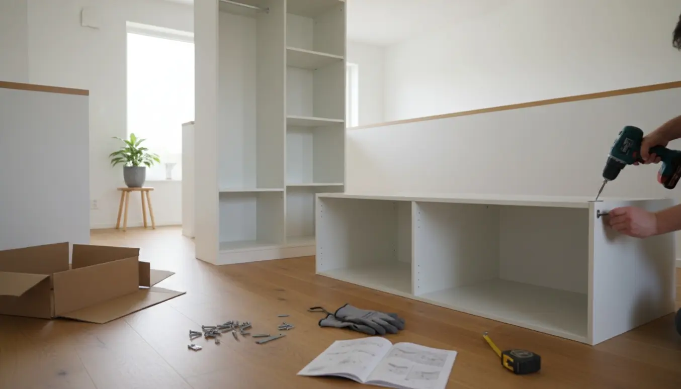 Delvist samlede garderobeskabe på en lys 1. salsgang med værktøj spredt på gulvet.