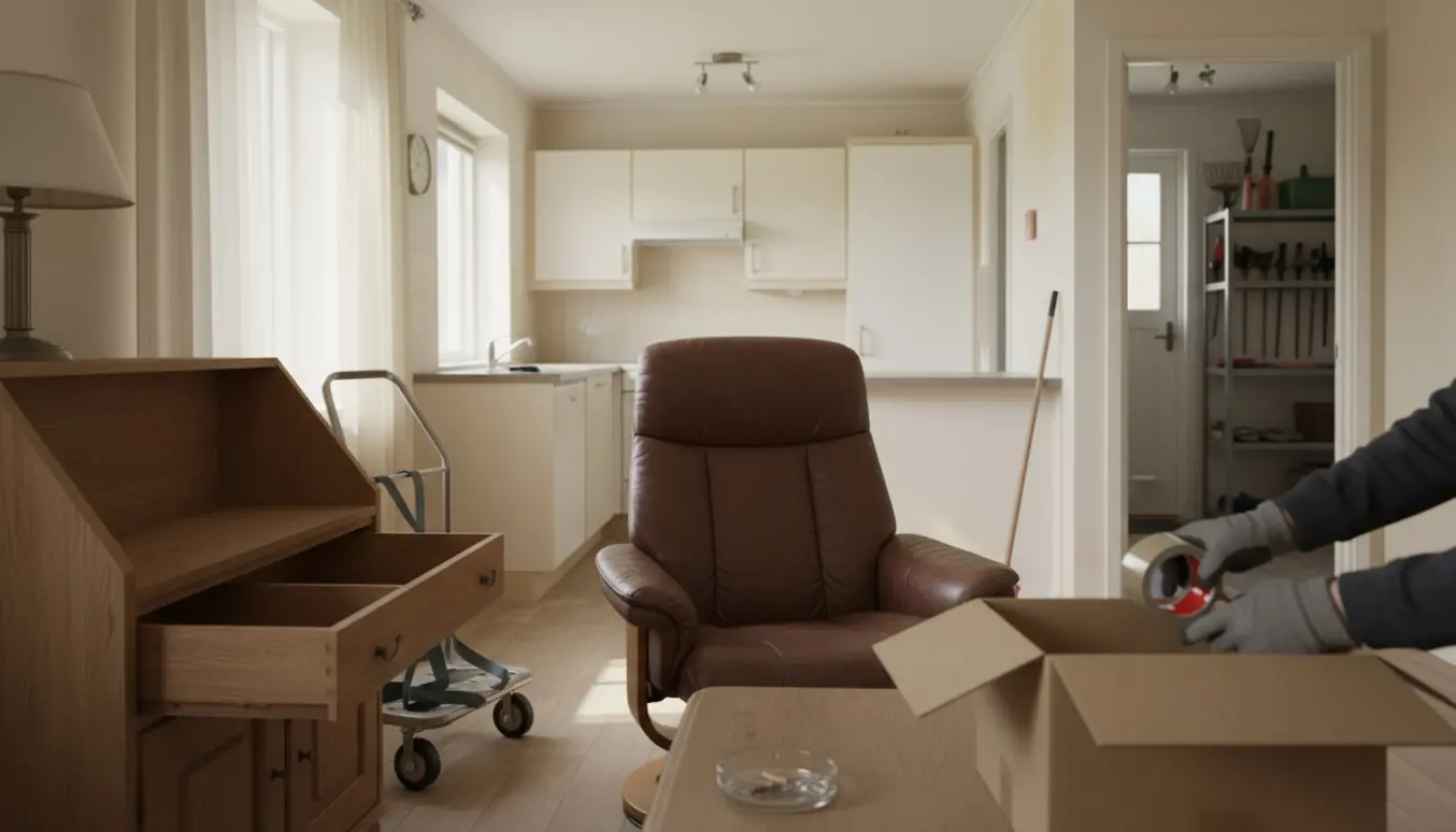 Soloplyst stue med tomt chatol, en Stressless-stol og flyttekasser under tømning af et rygerhjem.