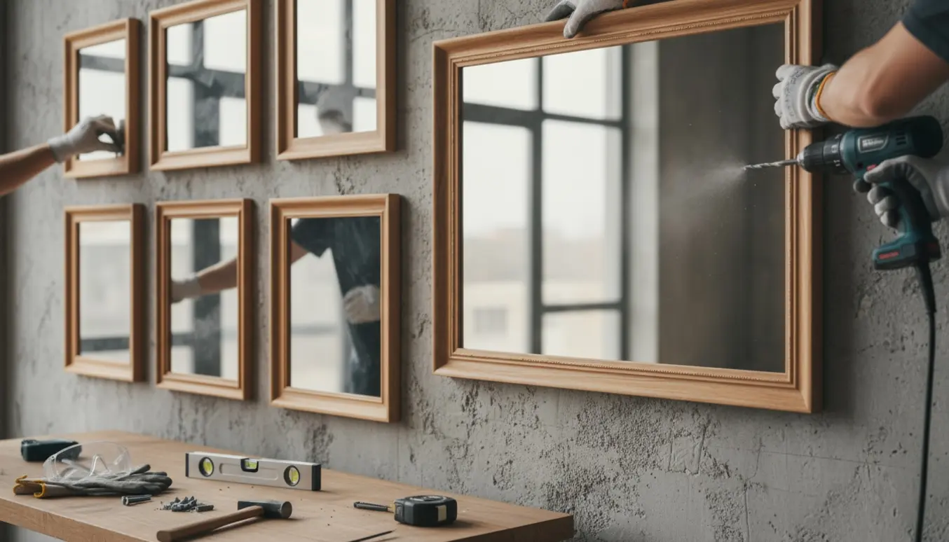 Hænder hænger glasrammer og et stort spejl op på en betonvæg med bor, rawlplugs og vaterpas.