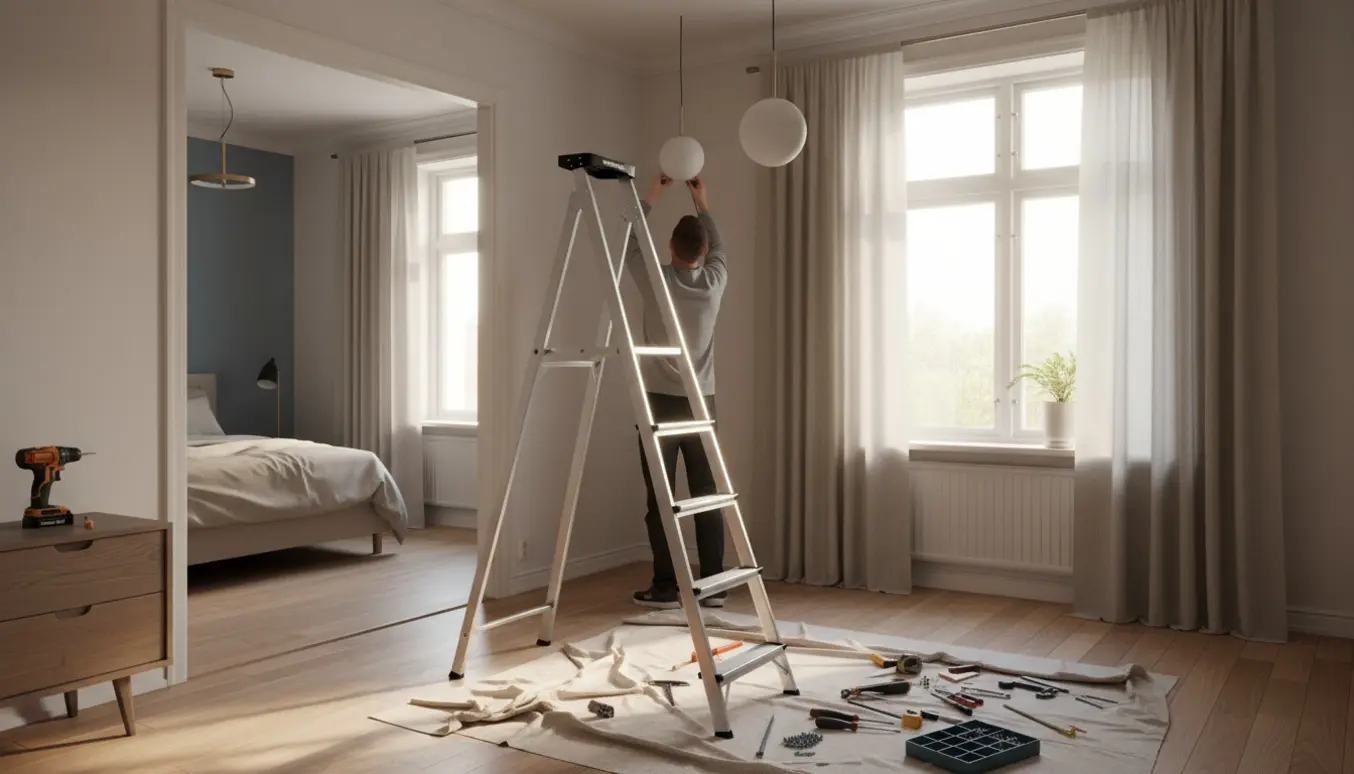 En tekniker på en stige monterer en lampe ved et stort vindue, mens gardiner hænges op i et lyst, skandinavisk hjem.