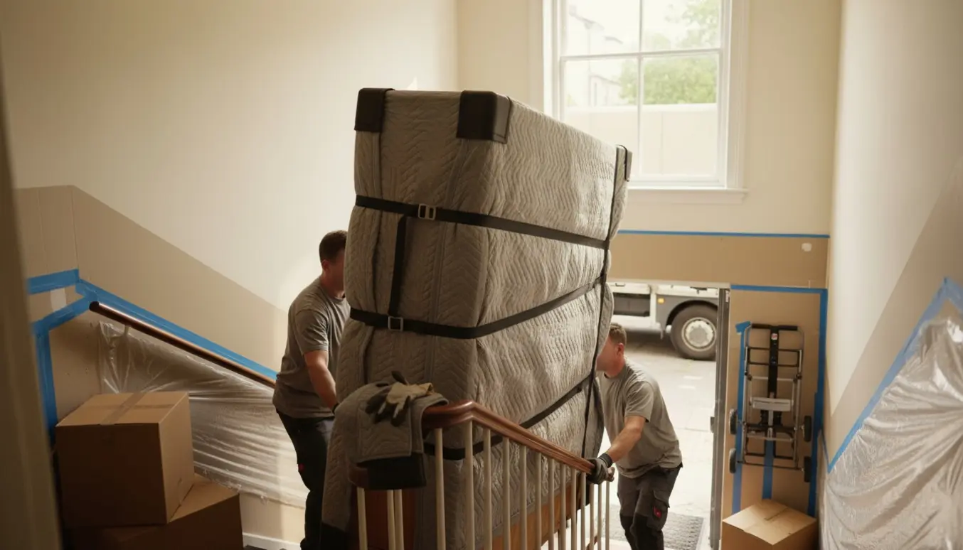 To flyttemænd bærer et pakket garderobeskab ned ad en lys trappeopgang, dækket af flyttetæpper og stropper.