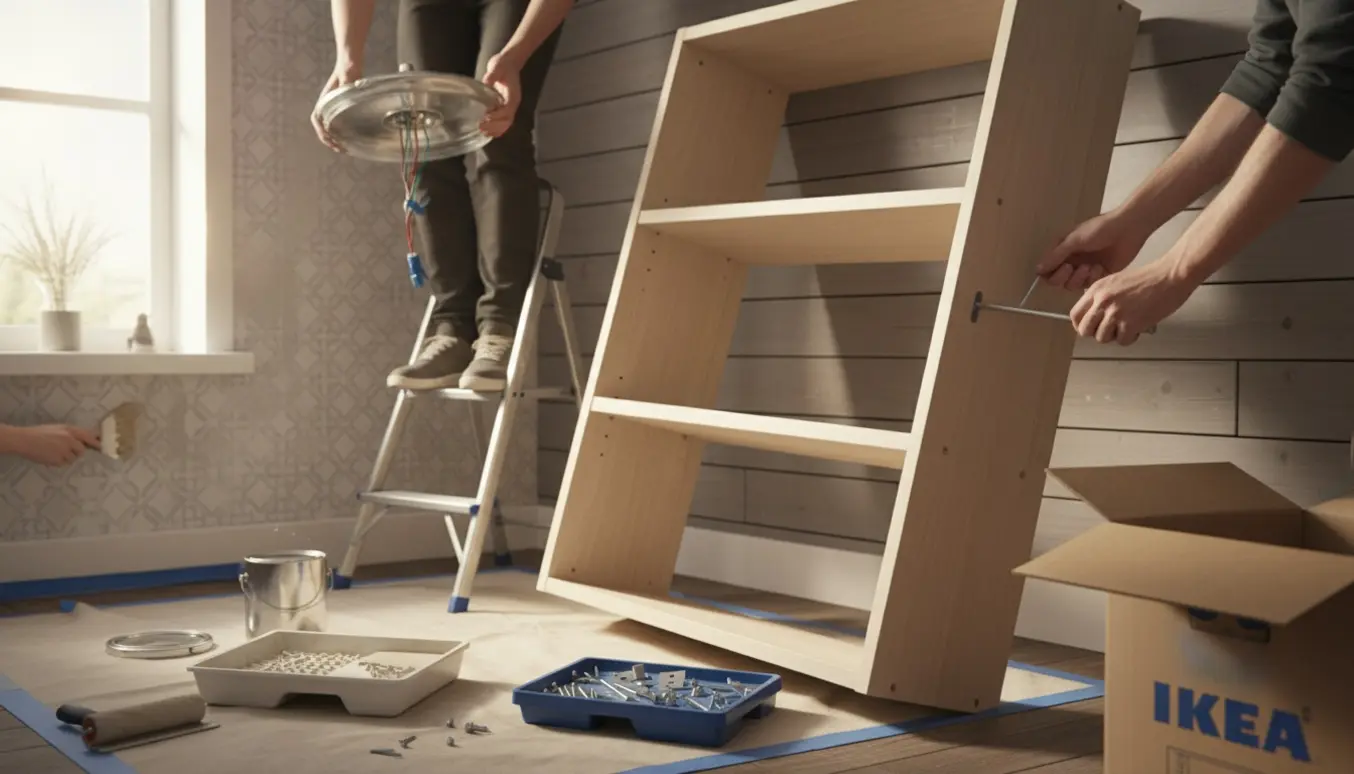 Hænder samler IKEA-møbler og ordner lamper, tapet og maling i et lyst hjem.