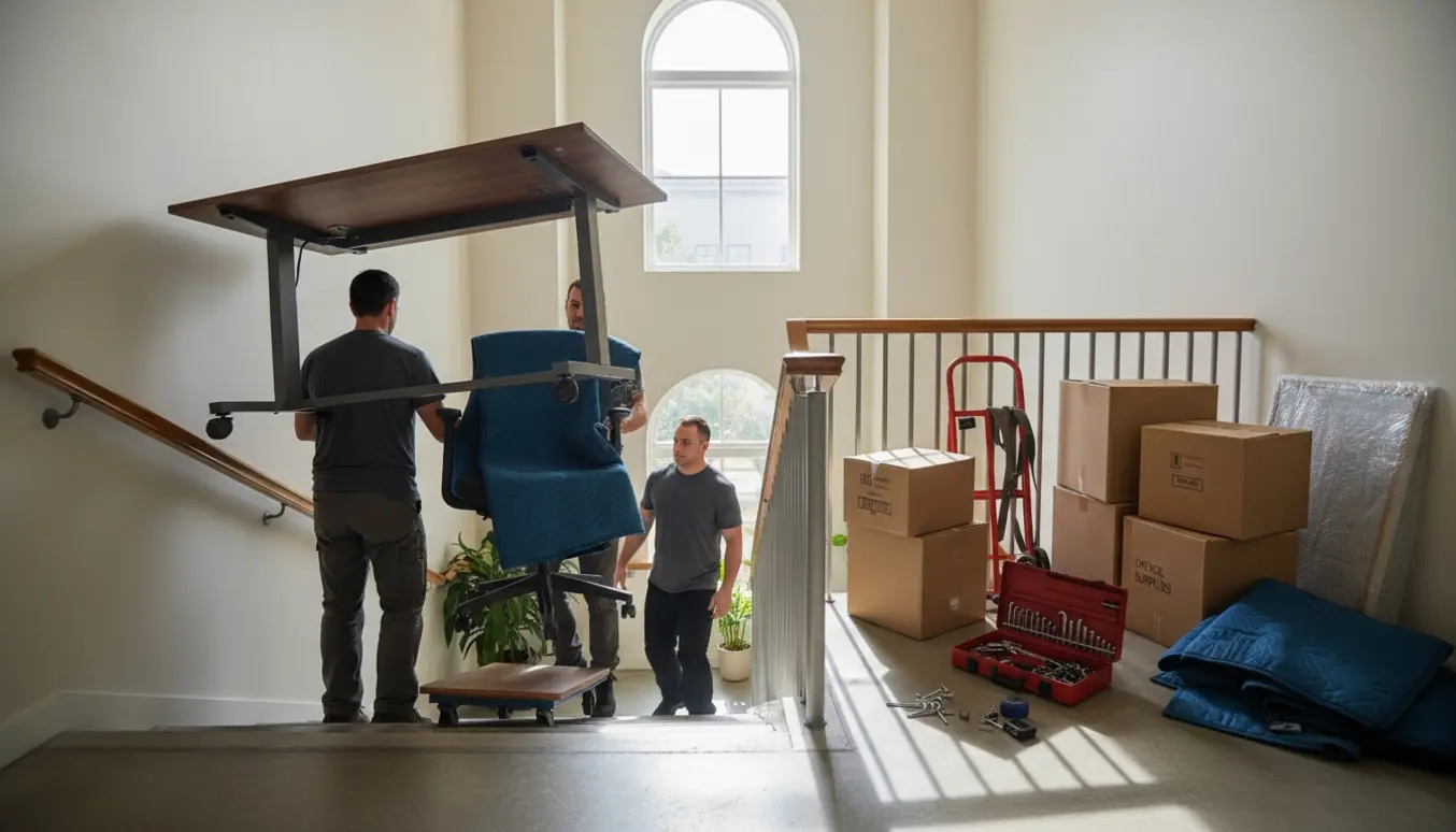 Flyttefolk bærer kontormøbler op ad en lys trappe mod tredje sal med dolly, flyttetæpper og emballage.
