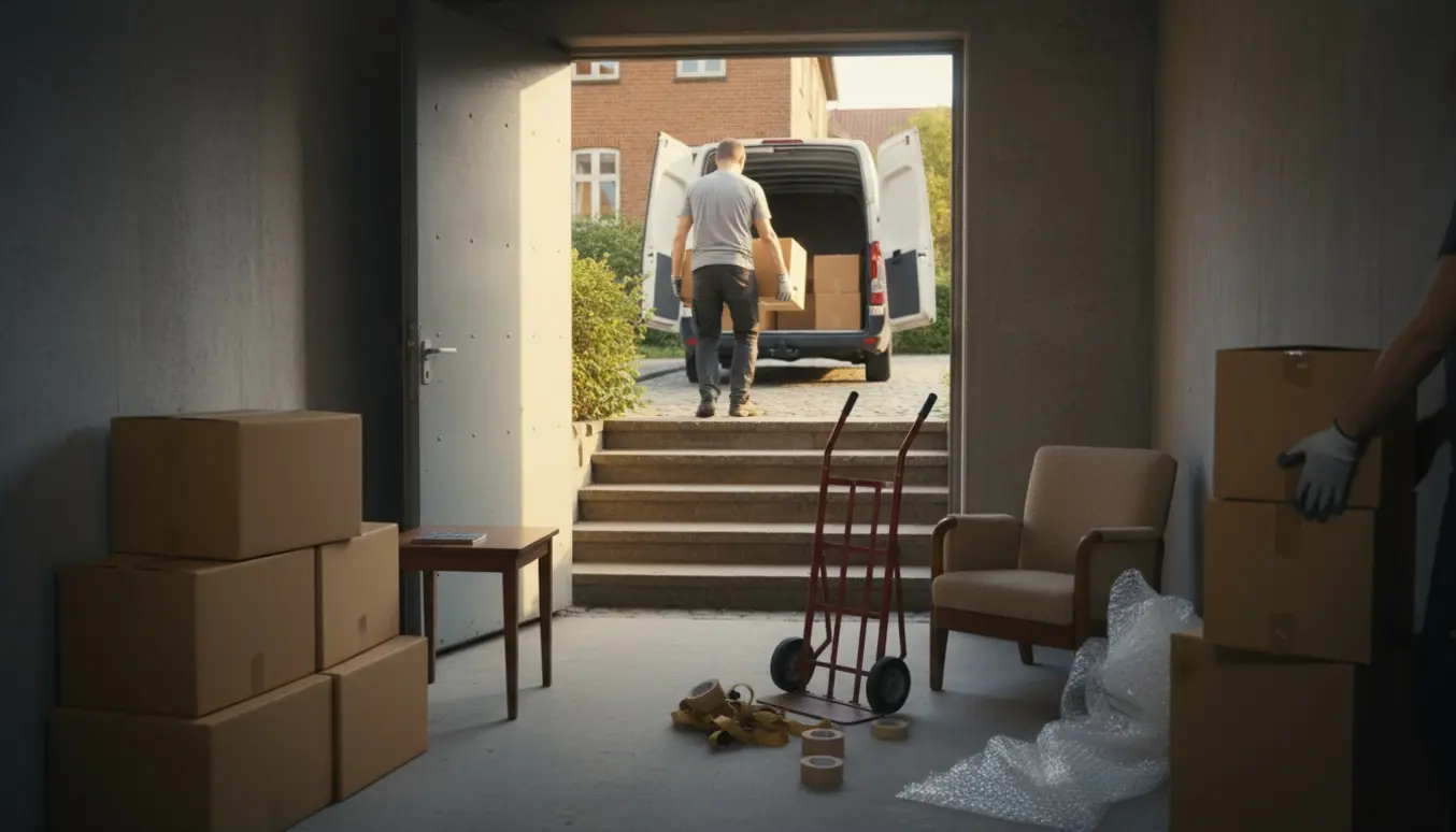 Stak flyttekasser og små møbler bæres op fra et kælderrum og læsses i en åben varevogn i blødt aftenslys.